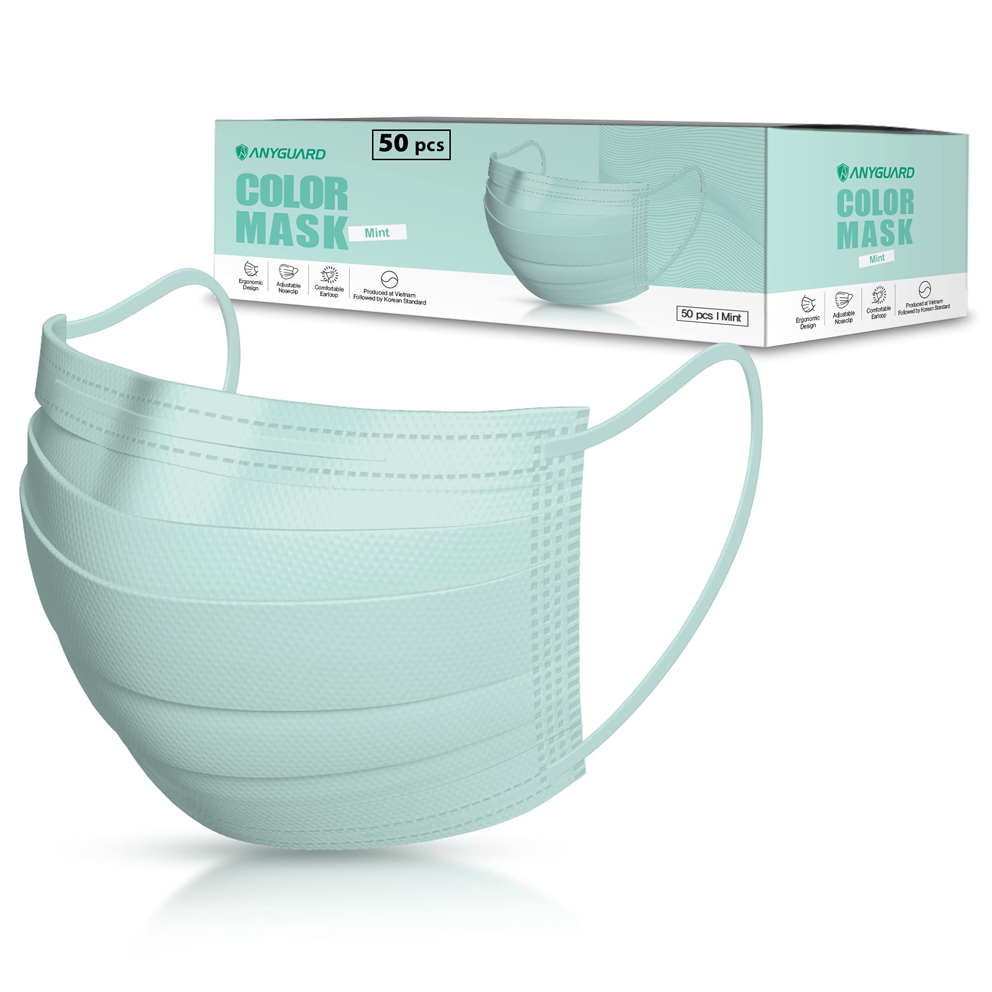 Colored Disposable Face Mask, Pack of 50, Breathable 3-Ply Face Mask (Mint)