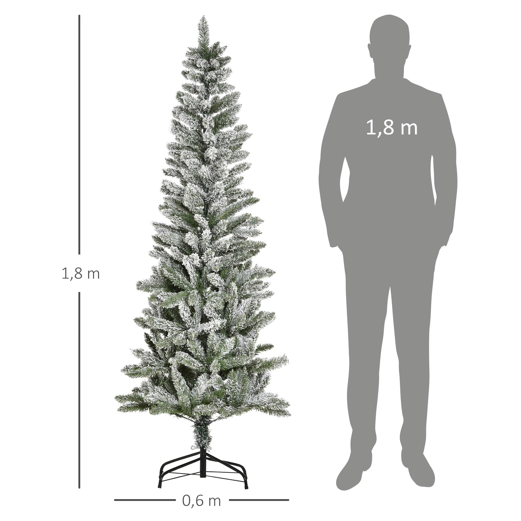 HOMCOM Árbol de Navidad Nevado Artificial 394 Ramas Ø60x180 cm Verde Blanco | Ignífugas de PVC, Apertura Automática, Base Plegable, Soporte de Acero, Decoración Interior, Estrecho y Alto
