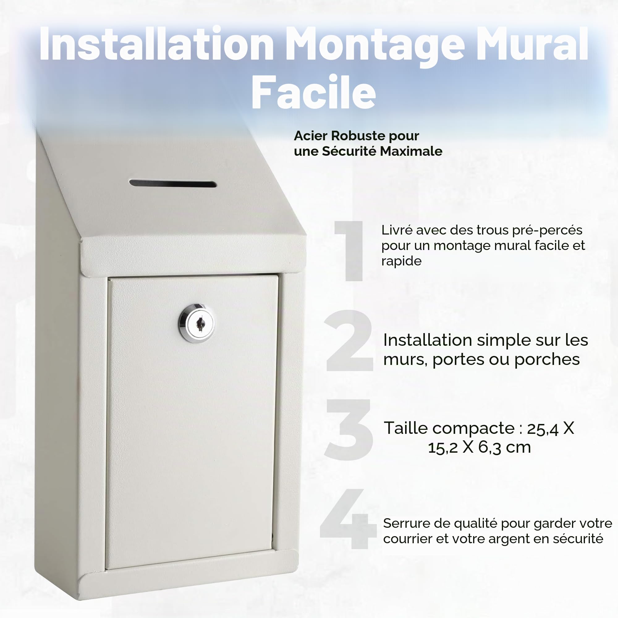 Boîte à suggestions en métal avec fente supérieure pour pièces de monnaie et serrure incluses avec 2 clés – Montage mural facile ou utilisation sur le comptoir (blanc cassé)
