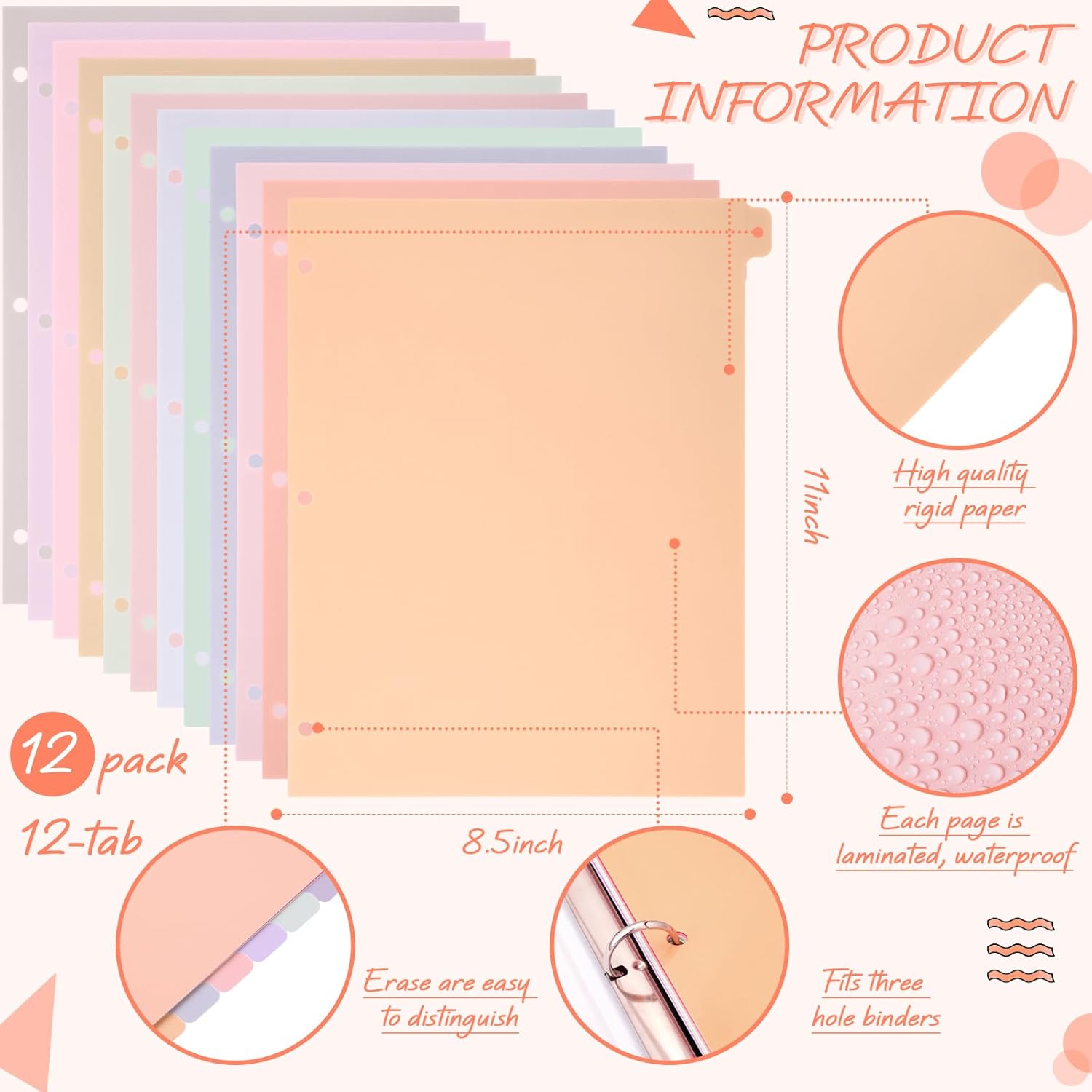 Honoson 12 Sets 12 Tab Binder Dividers for 3 Ring Binders 8.5 x 11 Inch Paper Multicolor with Plastic Film 3 Hole Punched Page Sturdy Index for School(Fresh Color)