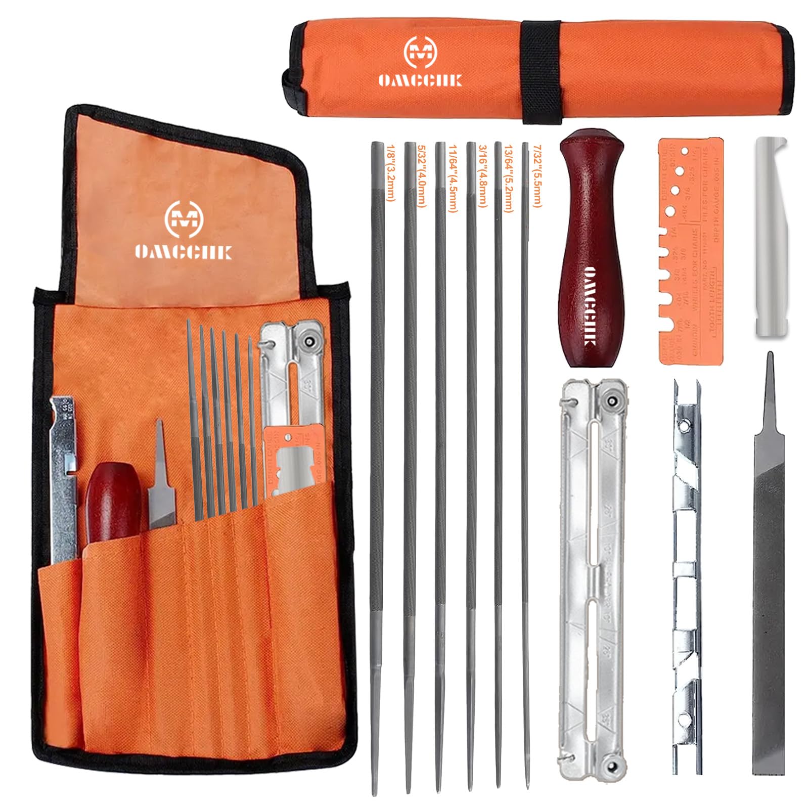 Chainsaw Sharpener Kit,Universal Files,Gauges,Handle,Pouch for All Chains