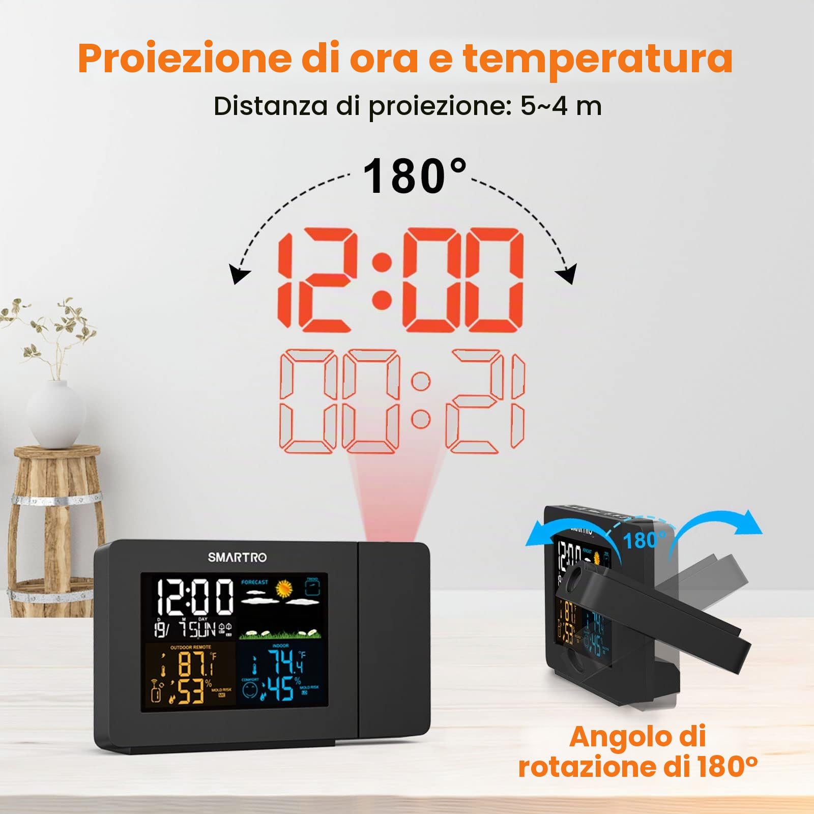 SMARTRO SC91 Sveglia a Proiezione per Camere da Letto con Stazione Meteo, Termometro Wireless da Interno ed Esterno, Controllo della Temperatura dell’Umidità e Igrometro a Manometro