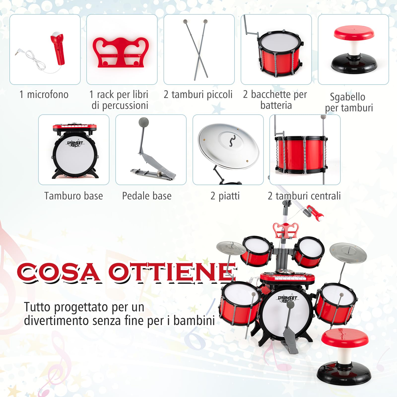 RELAX4LIFE Set di Batteria per Bambini, Giocattoli Musicali Elettronici con Tastiera e Microfono, Batteria Jazz con Sgabello per Bambini 3+ Anni, Rosso