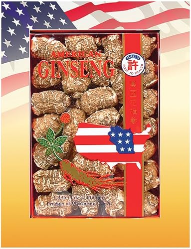 SKU #0168M4, raíces de ginseng americano cultivadas medianas con perla de ginseng Hsu's (4 oz = 113 gm/caja), con una bolsa de té de ginseng