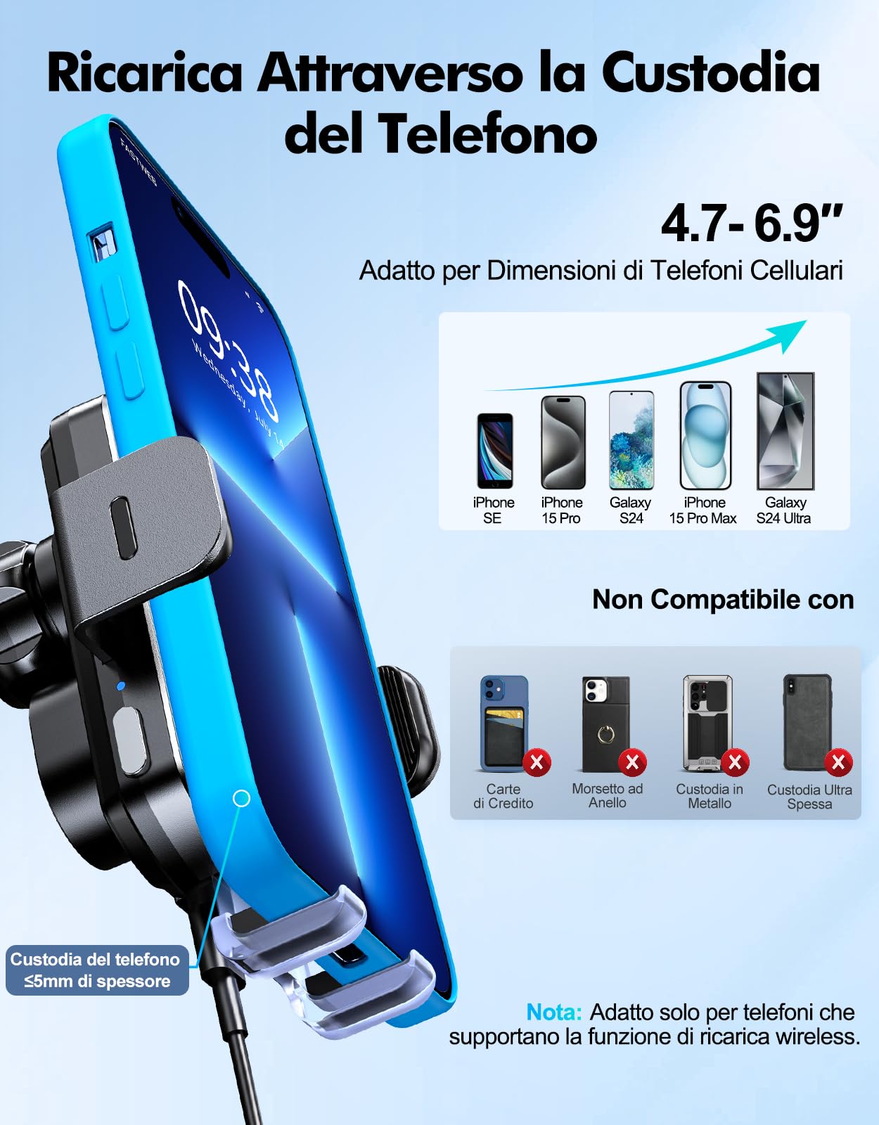 EOIWUY Caricatore Wireless Auto [Allineamento Automatico], 15W Porta Cellulare Auto Ricarica Wireless, Ventosa Girevole Supporto Telefono Auto Compatibile con iPhone 16 Pro/15/14/13, Galaxy S24/S23