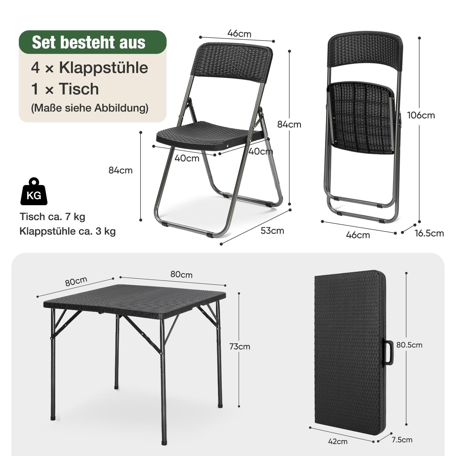 Sekey Gartengarnitur Set, Garten-Essgruppe 4 Personen, Balkonset Balkonmöbel Set 4 Stühle mit Tisch, Klappbar Gartentisch mit Stühlen Set Terrassenmöbel für Terrasse, Balkon, Bistro, Garten