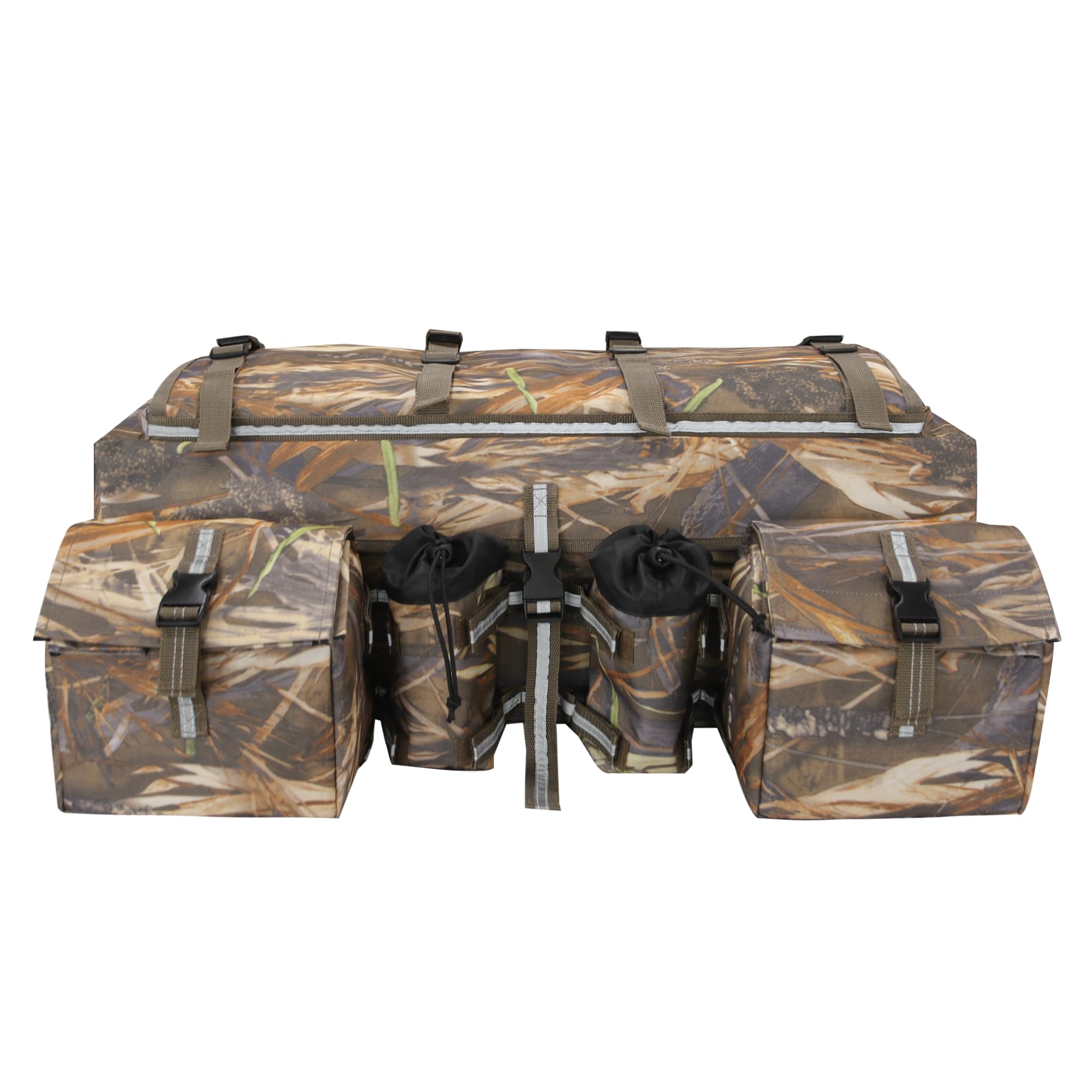 UNISTRENGH ATV Cargo Bag Rear Rack Gear Bag 600D Waterproof Oxford with Reflective Stripe Topside Bungee Tie-Down Storage Padded-Bottom Multi-compartment Camo All Purpose Rear Seat Bag (Camouflage #2)