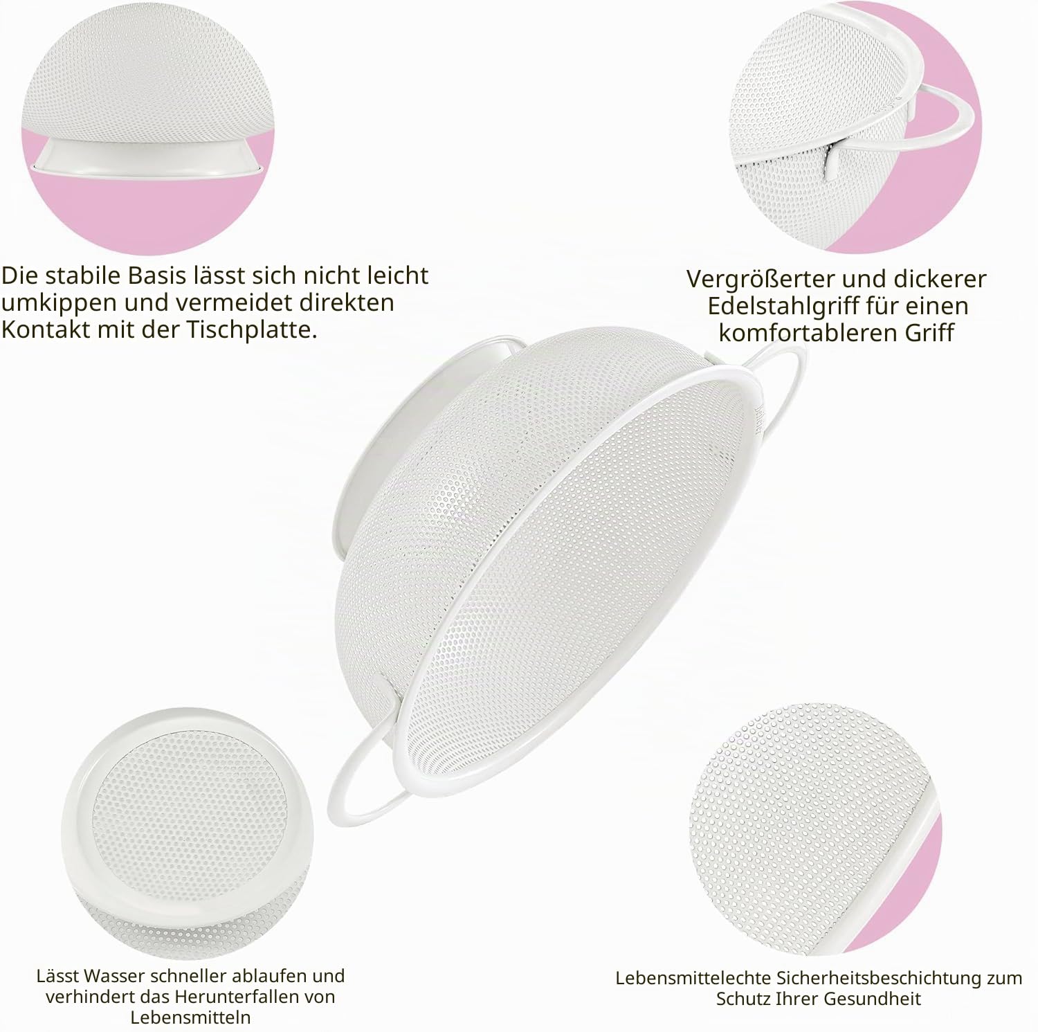 Edelstahl Sieb Set, 3-Teiliges Stapelbares Nudelsieb, 2/3/4,5 Liter Seiher, Küchensieb für Nudeln, Obst, Gemüse, Reis, BPA-Frei, Spülmaschinenfest (Creme)