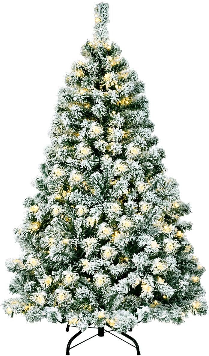 Goplus 4.5ft Artificial Snowy Christmas Tree, PreLit Snow Flocked Hinged Xmas Tree