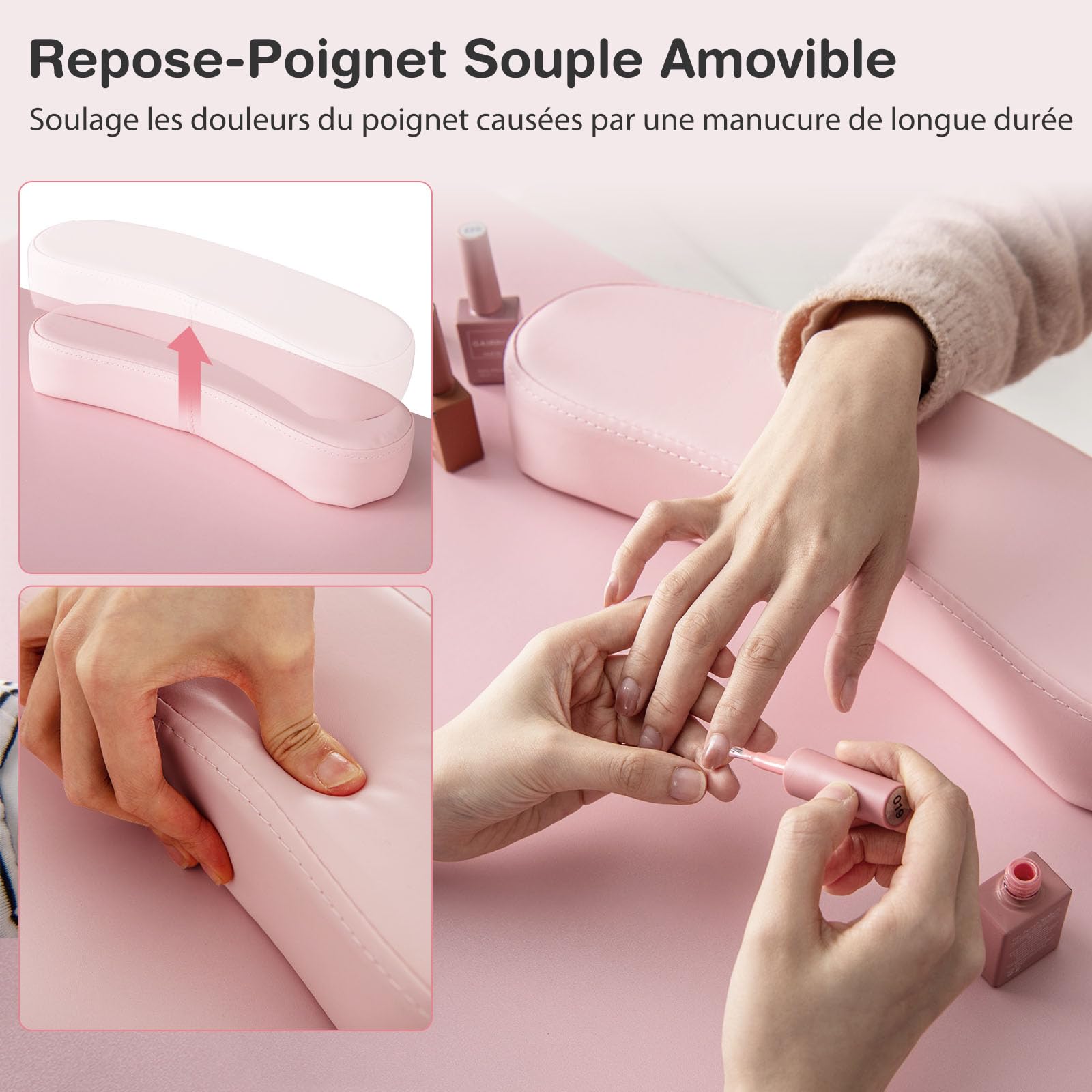 GOPLUS Table Manucure Professionnelle, 2 en 1 Bureau et Table Ongulaire, avec Repose-Poignet, 8 Pieds en Métal, 3 Tiroirs, 2 Armoires, Station de Travail en Bois, pour Salon de Beauté (Rose)
