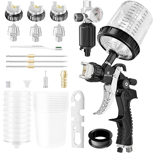 HVLP Air Spray Gun with 1.4/1.7/2mm Nozzles & Air Compressor Regulator, Air Spray Paint Gun w/10pcs 600cc Mixing Cup and Lids, Automotive Paint Sprayer for Car, House Painting, Furniture