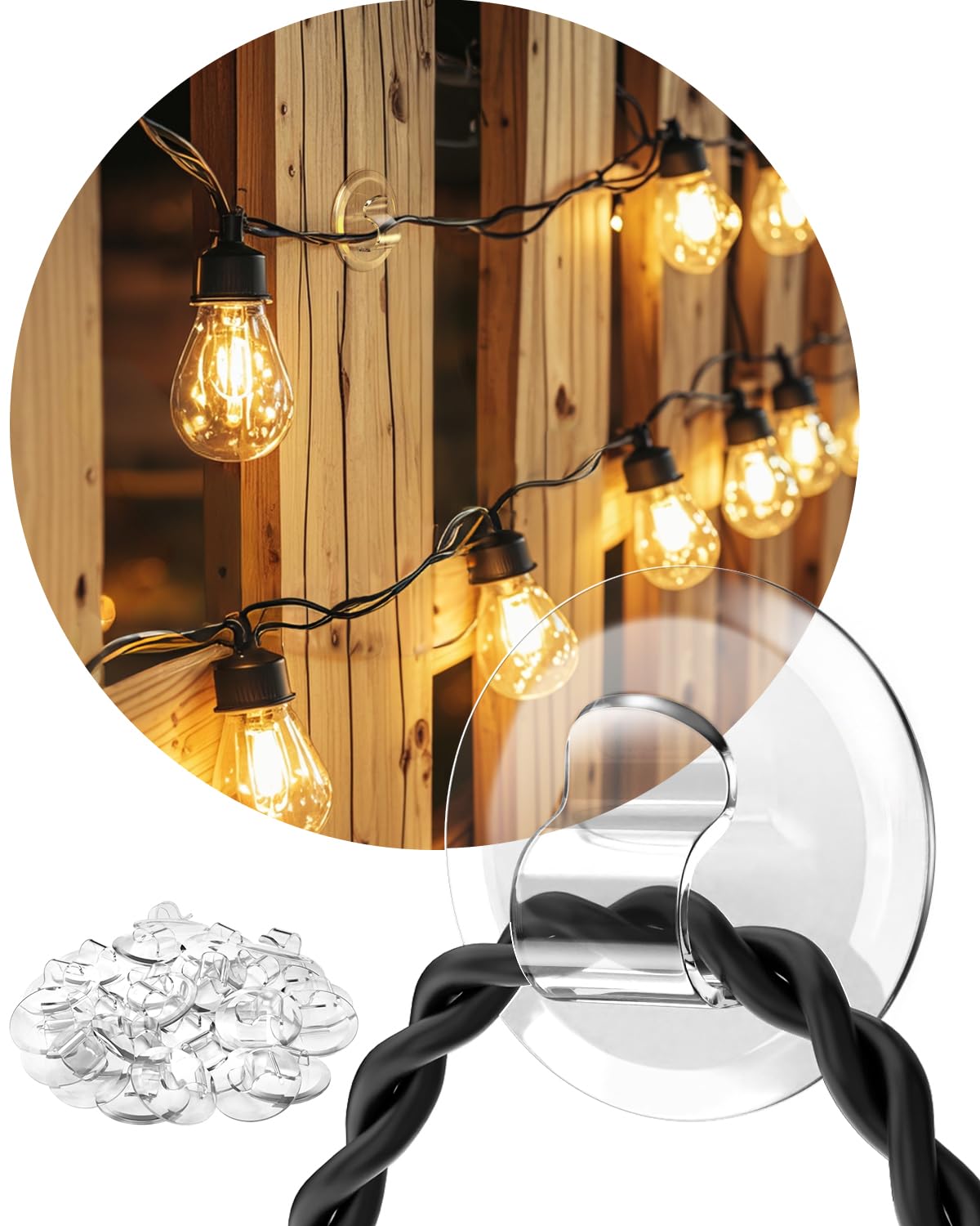 KLHCDUO 24-Pack Outdoor Light Clips – Clear Waterproof UV-Resistant Hooks, Single & Double Hook Combo, For Patio Fence Balcony String Lights (Adhesive Mount)