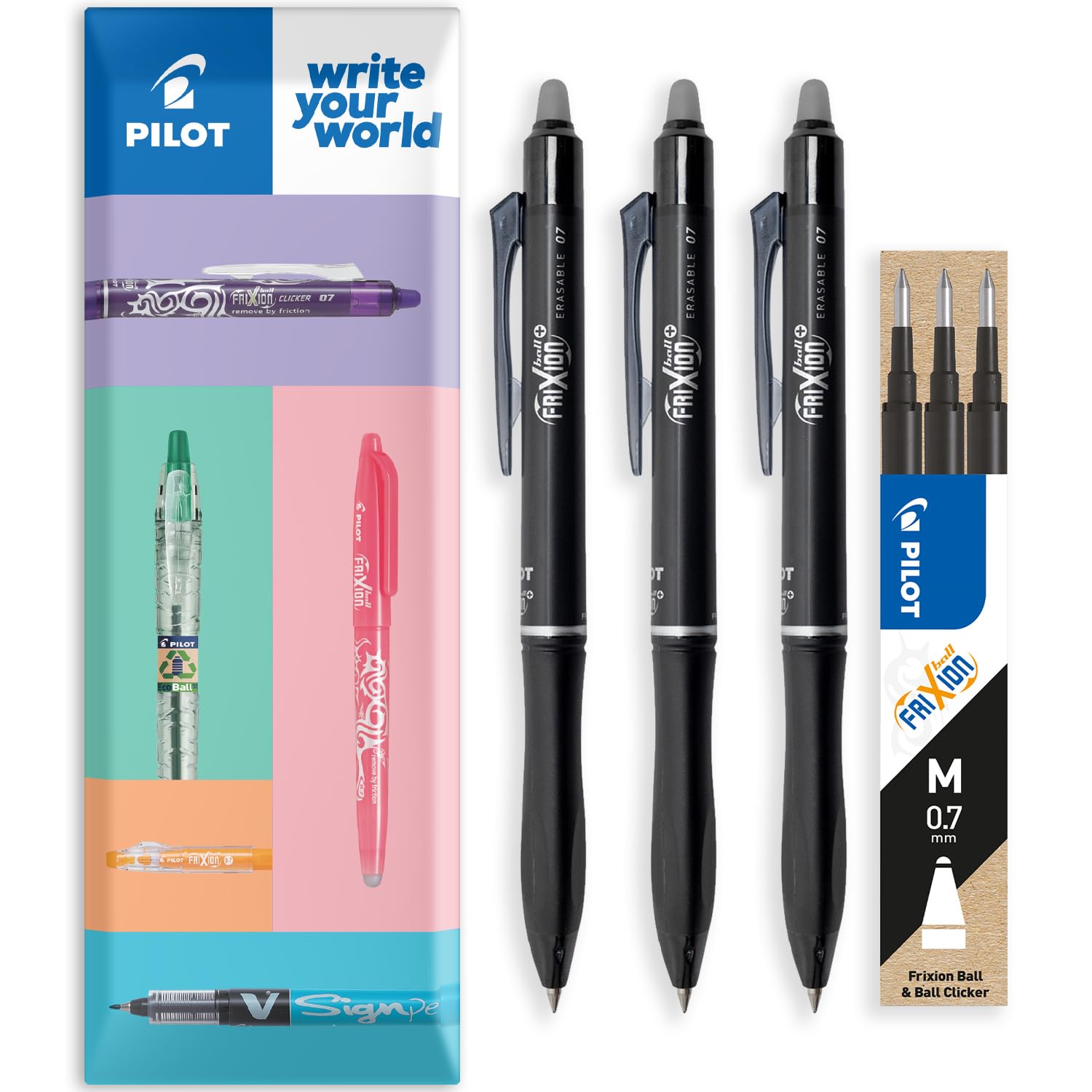 PILOT Frixion Ball Plus Erasable Rollerball Pen + Refills - 0.7mm Medium Tip - Thermosensitive Ink Clean Erasing for Office School – Envelope Gift Pack of 3 Pens + 3 Refills (Black)