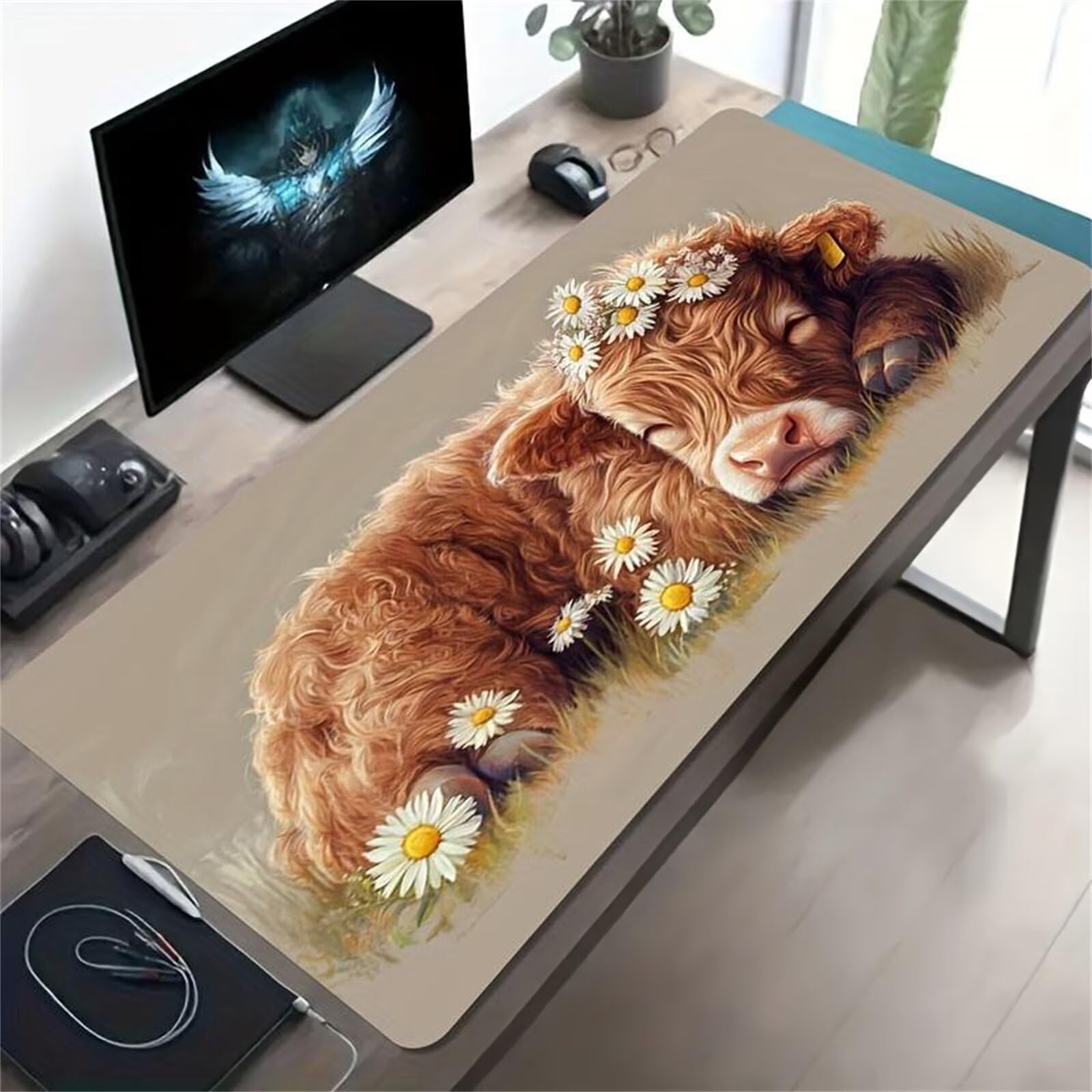 Tappetino per Mouse Gaming XXL 1200x600x2 mm, Mousepad Extra Large da Scrivania con Tappetino per Tastiera Antiscivolo, Superficie Ottimizzata per Sensori Ottici, Margherita Animale Mucca
