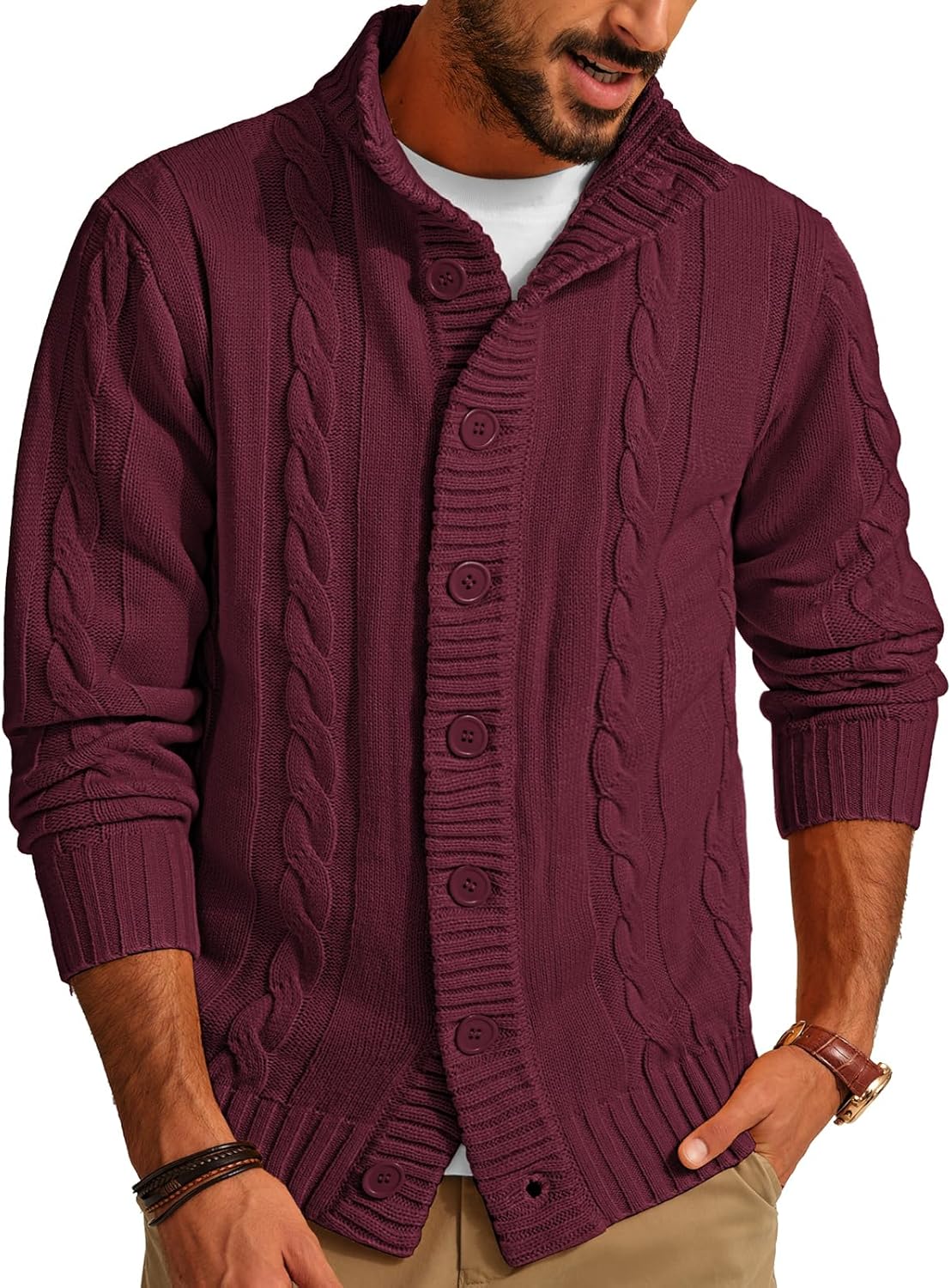 PJ PAUL JONES Men's Cardigan Sweaters Stand Collar Long Sleeve Cable Knit Button Down Sweater