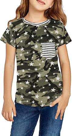 QLIPIN Girls Camo Shirt Kids Camouflage Shirt Army Tshirts School Sport Tee with Pocket