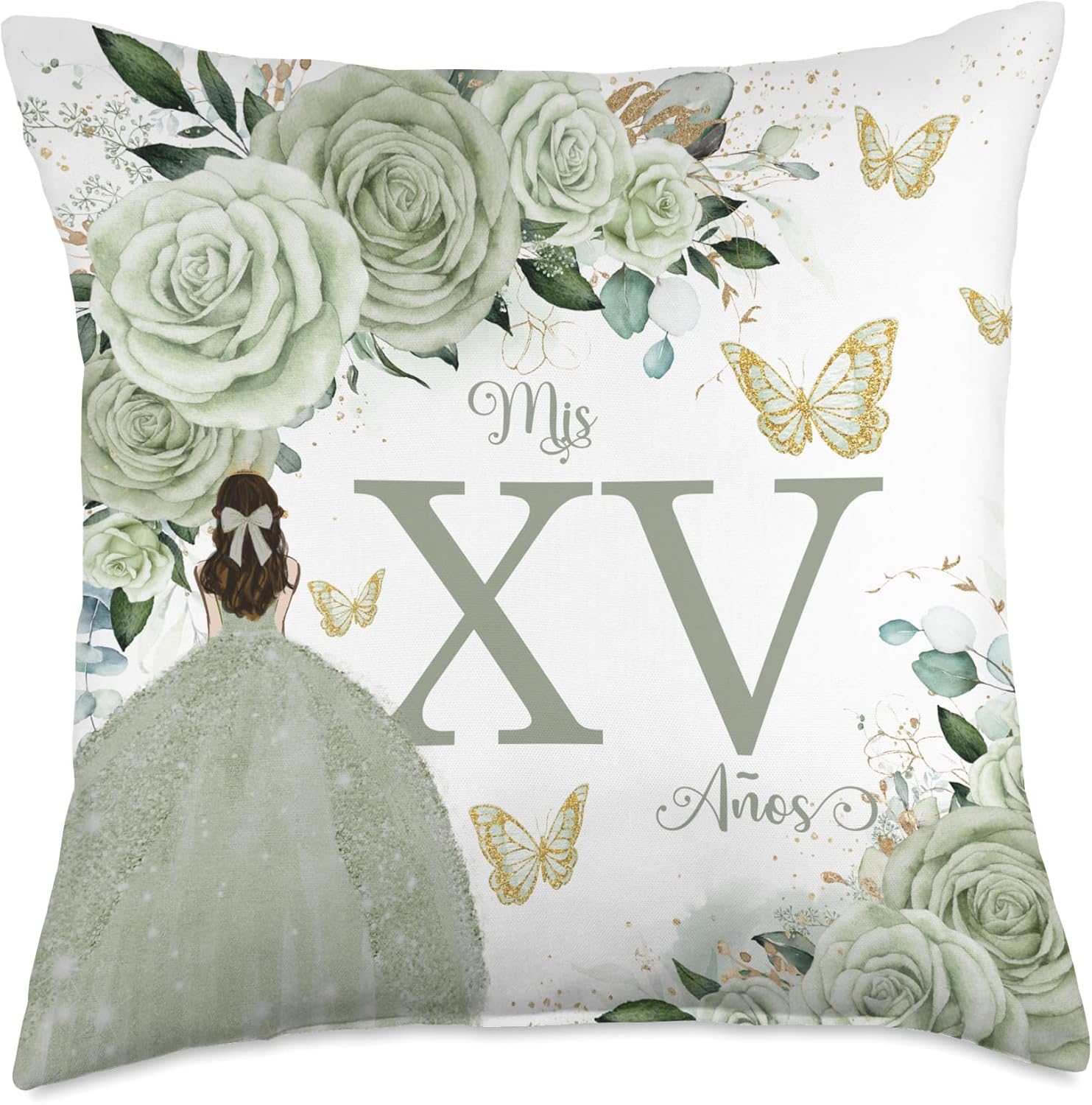 Sage Green Roses Floral Quinceañera Mis XV Años Throw Pillow
