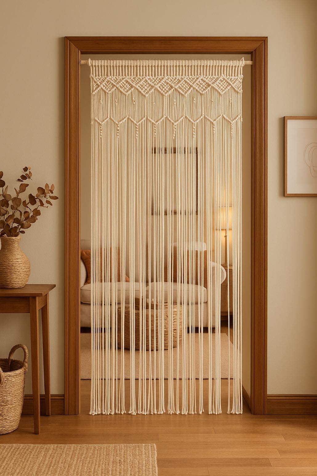 Kobolo Türvorhang LACE 95x200/220 cm, handgewebter Makramee-Vorhang, Baumwolle, Beige, Boho-Dekoration für Türen & Fenster, Hochzeitsdeko, Raumteiler & Wandbehang, Gewebte Tapisserie, Fadenvorhang