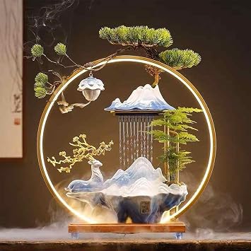 Tabletop Fountain Decorative Ornament Deer Tabletop Water Fountains with LED Light Ring Indoor water fountains with Backflow Incense Burner Zen Meditation Indoor Waterfall fountain with Fake Plants.S