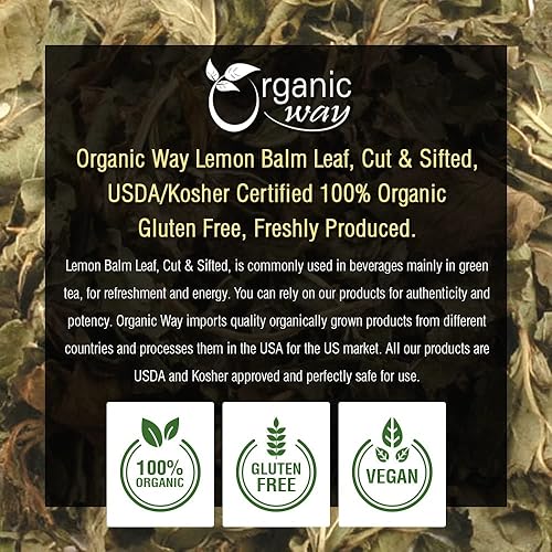 Miniatura 4 de Organic Way Bálsamo de limón cortado y tamizado (Melissa officinalis) - Té de hierbas  Certificado orgánico y Kosher  Vegano  Crudo, sin OMG y sin