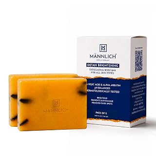 Mannlich 2% Kojic Acid Exfoliating Soap with Alpha Arbutin, Glycolic Acid, Niacinamide & Activated Charcoal | For Pigmentation, Dark Spots, Tan Removal, Brightens Underarms | pH Balanced, SLS Free, Dermatologically Tested | 75 g (Pack of 2) - Amazon product rated Grade A