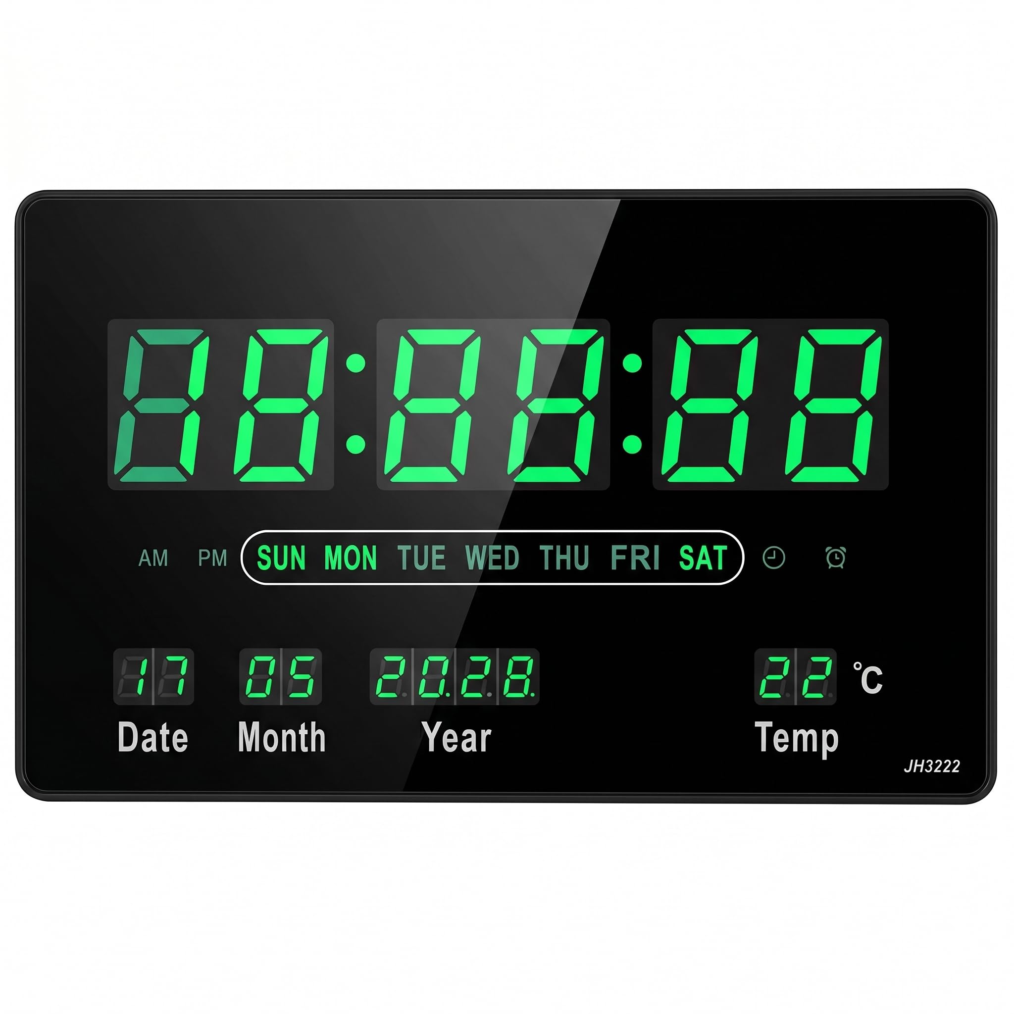 Starlet24 Kompaktowy zegar ścienny LED z budzikiem, drzemką, kalendarzem, temperaturą, dużym wyświetlaczem LED 32 x 20 cm (JH3222), zielony