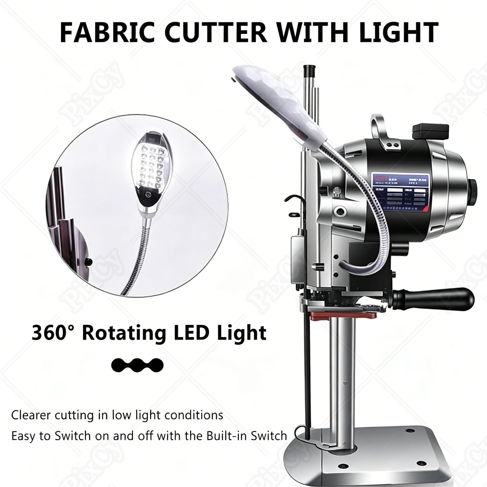 PixCy Cortadora de Tela Industrial Eléctrica Rotativa Tijeras Eléctricas para Tejidos para Corte de Tela/Piel/Caucho/Alfombra/Cartón con Cuchilla Repuesto y Luz De Trabajo LED 10inches