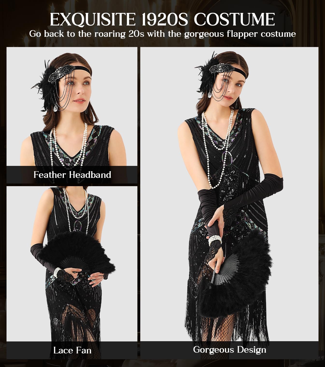 WILDPARTY 1920s Dresses for Women Flapper Dress Lace Fan Fether Headband Sequins Beads Fringes 20s Accessories Vintage Mafia Costume AllBlack M - Image 3
