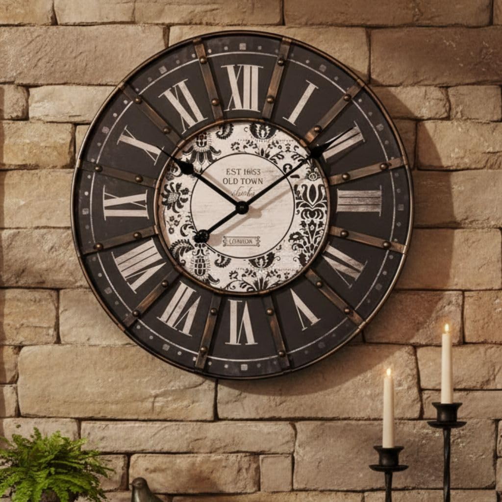 Melko Wanduhr groß Bahnhofsuhr Vintage XXL Ø 60 cm Metallrahmen Schwarz | römische Ziffern, bedrucktes MDF-Zifferblatt im Shabby-Chic-Look, batteriebetrieben, mit Wandaufhänger, für Café und Büro