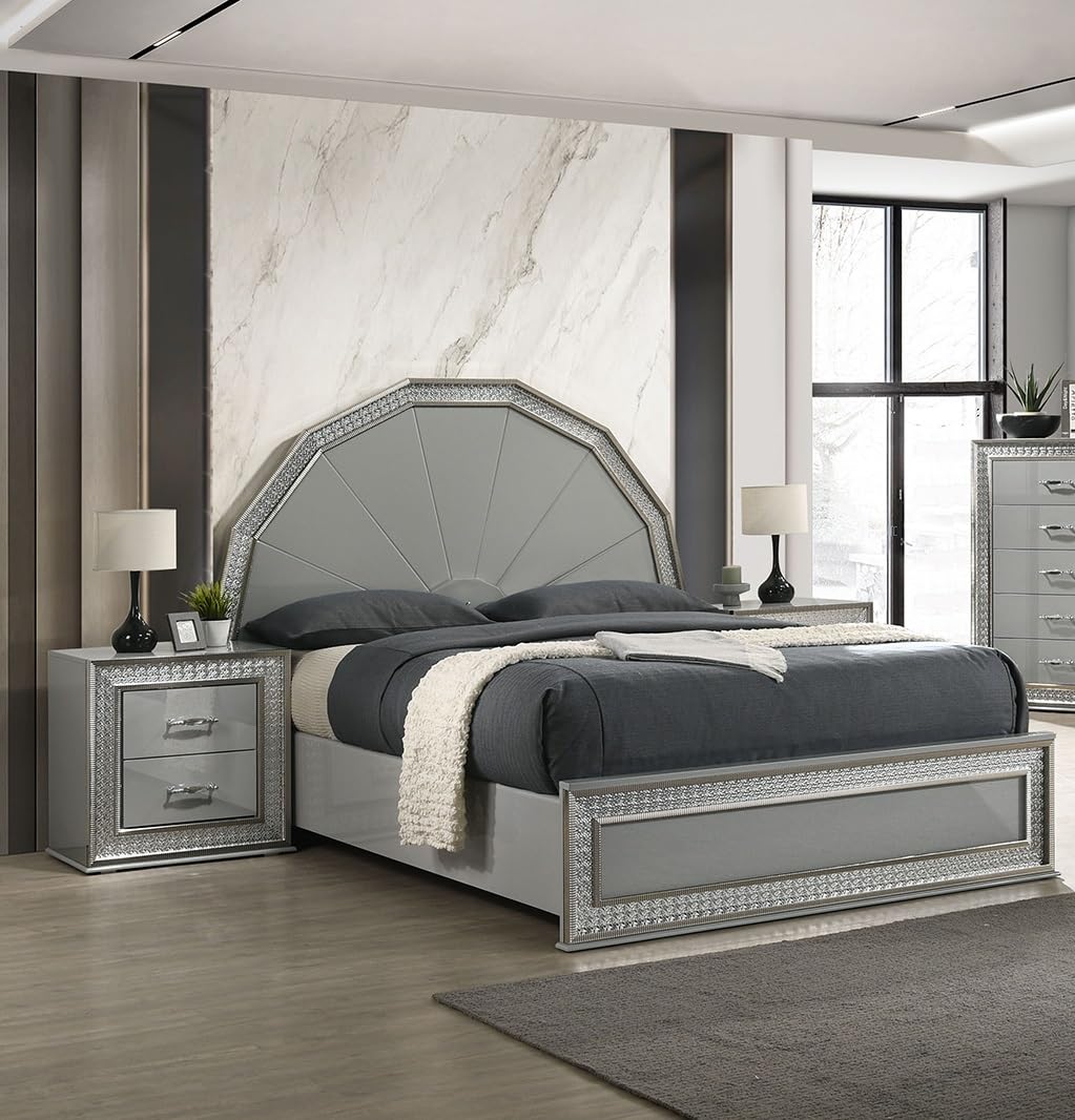 3pc Bed 2X Nightstand Set Molding Trim Metallic Scale LED Lights Headboard Metallic Gray Finish Bedroom Furniture