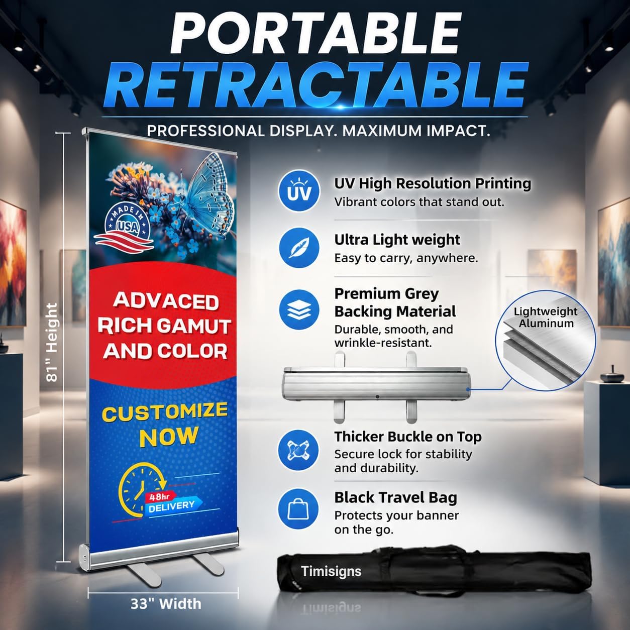 Custom Retractable Banner with Aluminum Stand, Personalized Pop up Banners and Full Color Design with Portable Travel Case for Events, Trade Shows, Advertising, Business, Photo (33"x81")