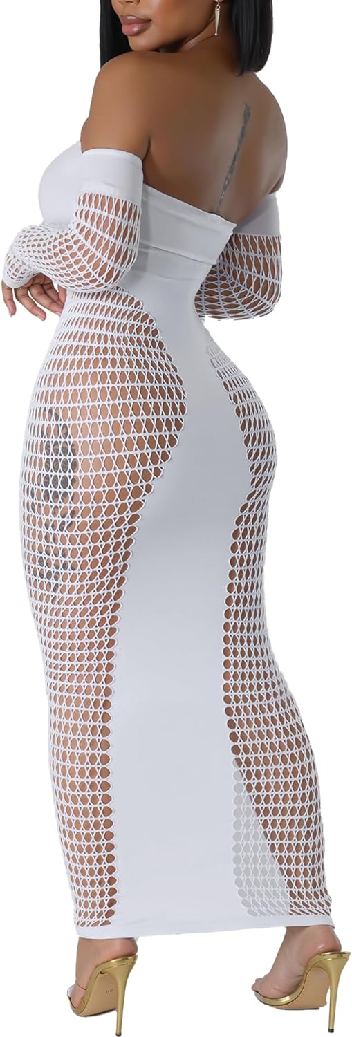 Women's Dress Sexy Club Dress Elegant Long Sleeve Off Shoulder Hollow Out Mesh Bodycon Party Dresses - Image 2