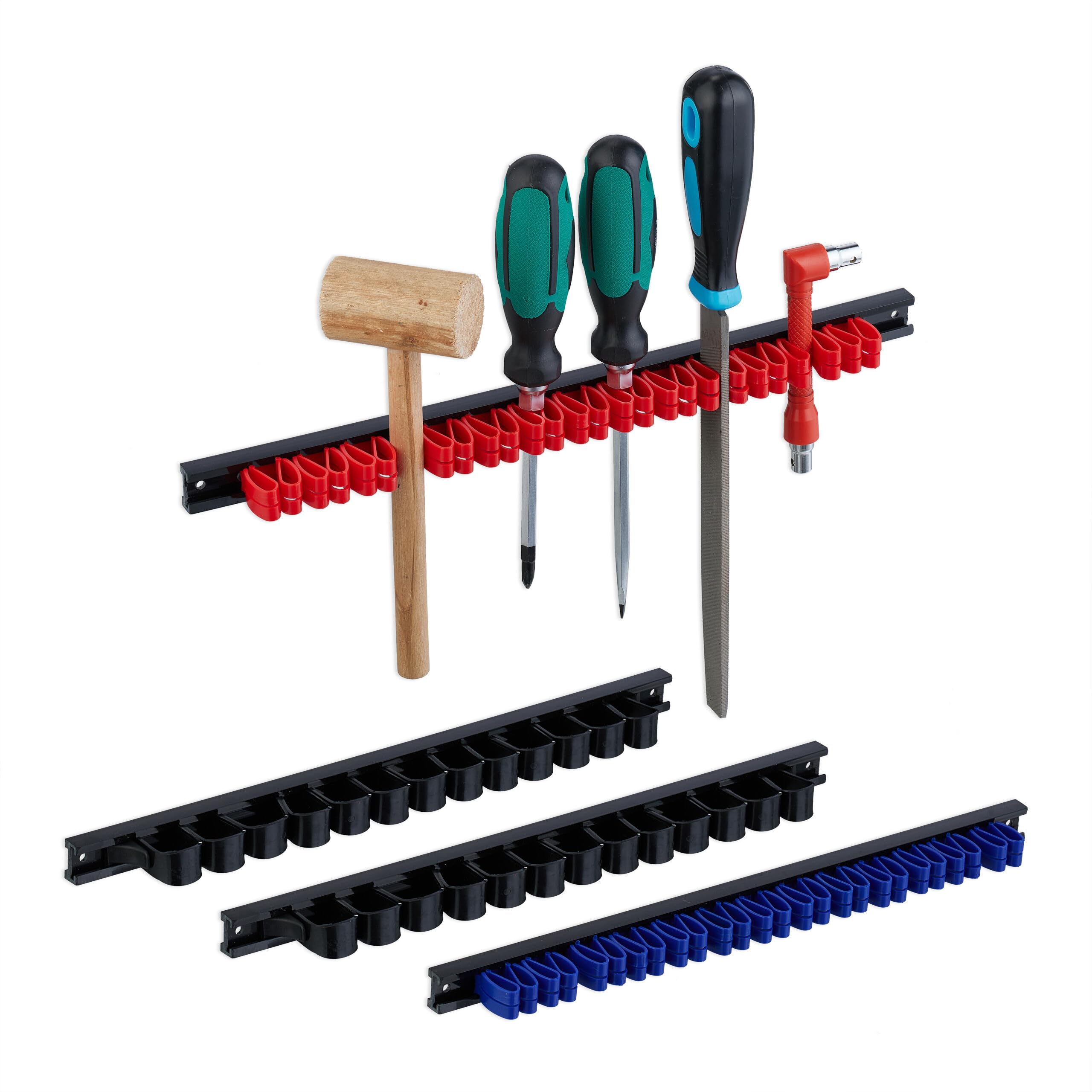 Relaxdays Set 4 Porta Utensili da Parete, Portattrezzi da Muro Ganci Doppi per Attrezzi e Cacciaviti, Plastica Colorata