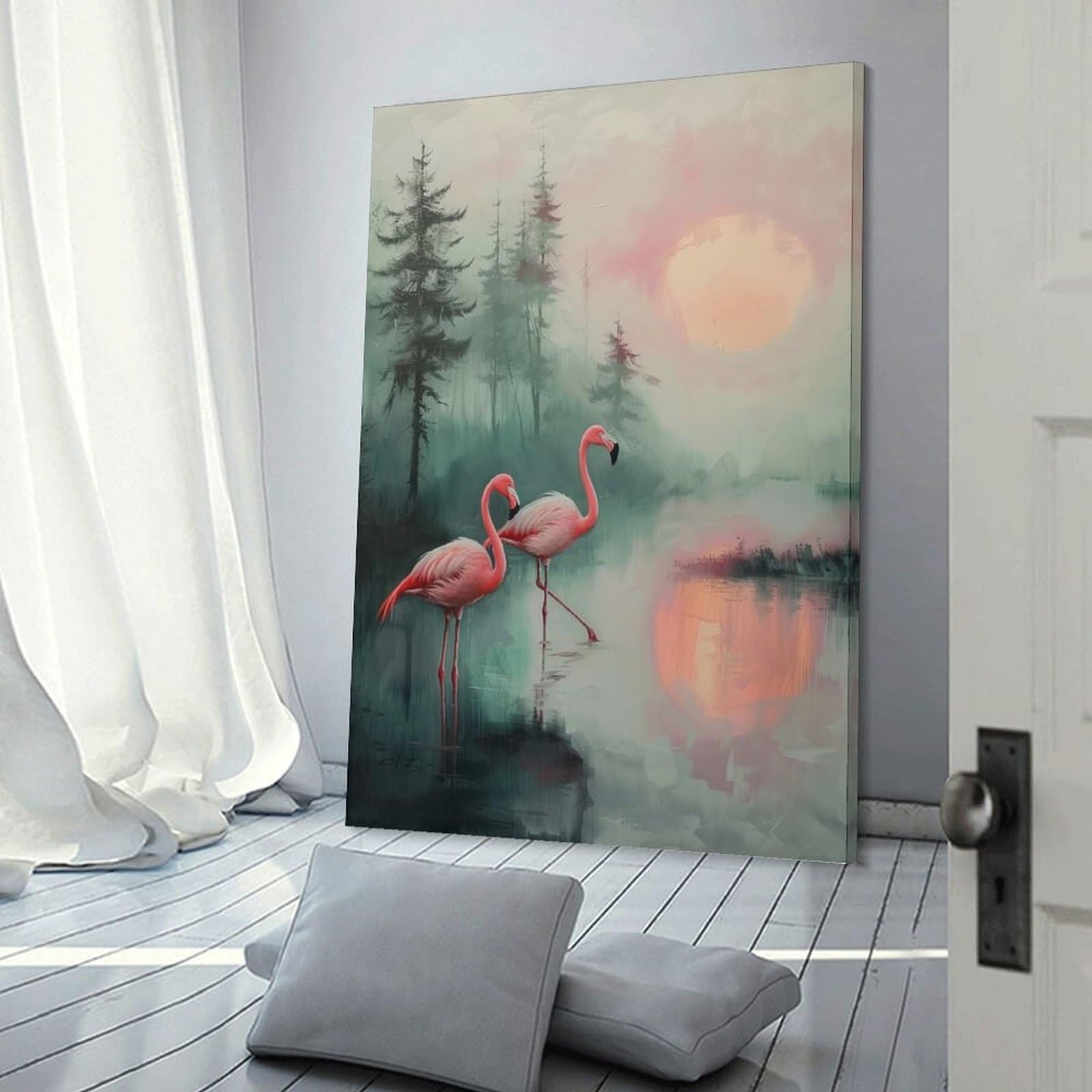 Junmoney Frame-Style-6 Decorative Wall Artwork Pink Flamingos At Sunset, 20X30inch(50X75cm), For Contemporary Homes, Apartments Or Offices, An Easy Choice For New Home Styling