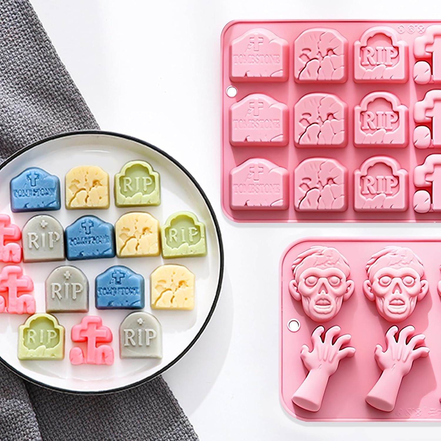 Halloween Silicone Molds Set, Tombstone, Ghost & Zombie Shapes