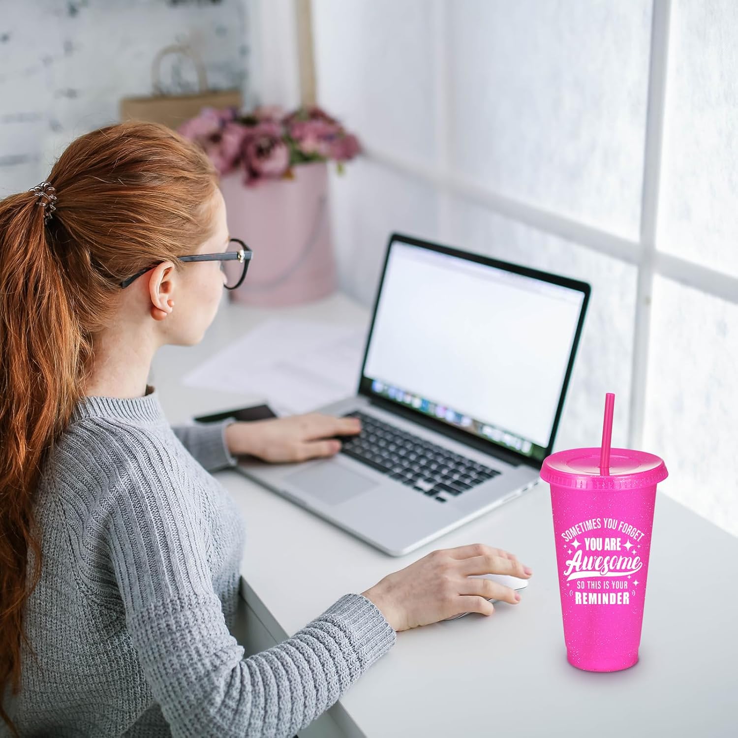 24 Pack Plastic Tumblers with Lids and Straws, Sometime You Forget You Are Awesome Gifts Reusable Cups with Lids Colorful Cups for Party, Iced Coffee Cup Bulk Tumbler (24 oz, Light Color Printed) - Image 7