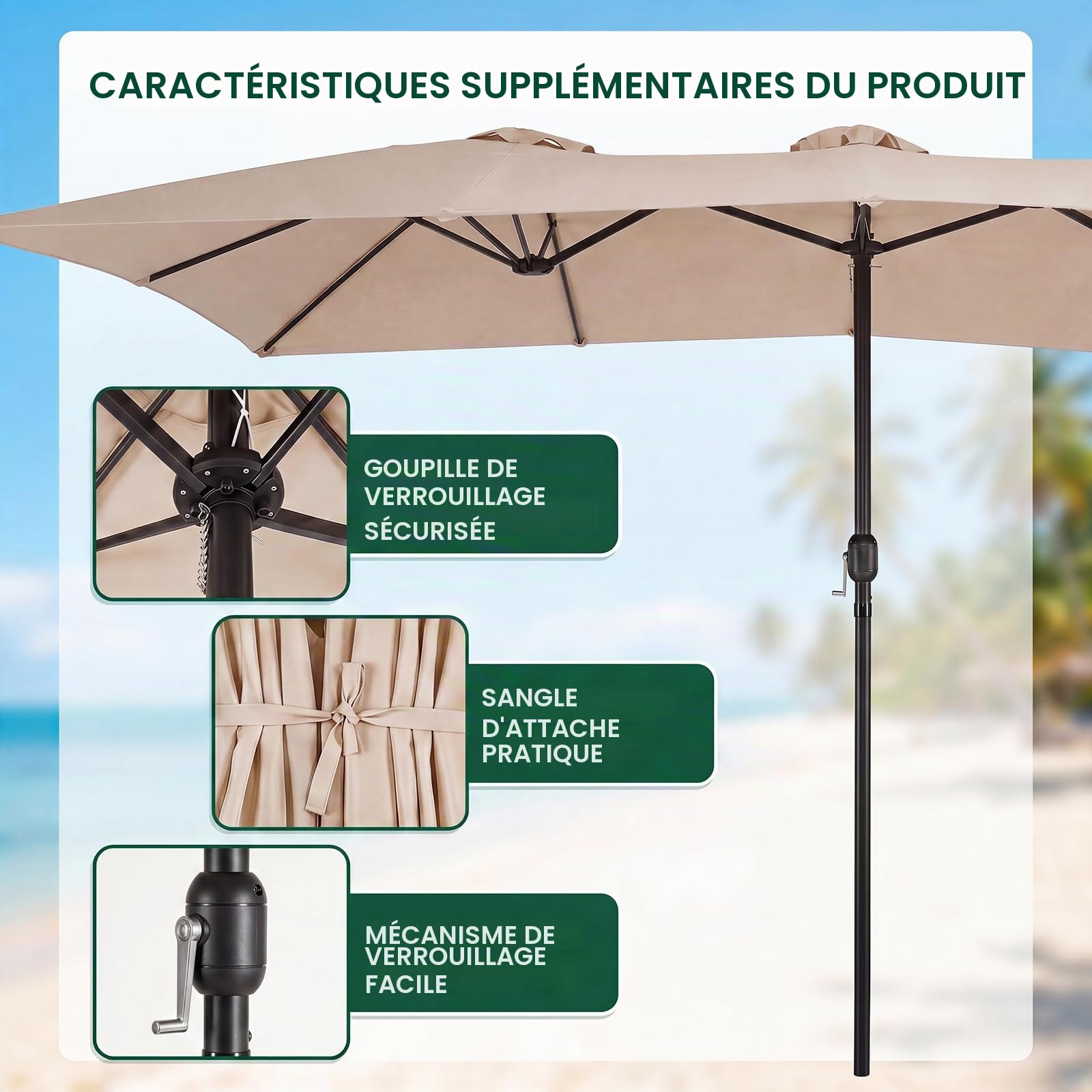 GOPLUS Parasol de Jardin Exterieur 4,3X2,7M, Grand Parasol Rectangulaire Double pour 6-8 Personnes avec Manivelle, 12 Baleines, Protection Solaire, pour Terrasse Marché Fête Plage (Marron)