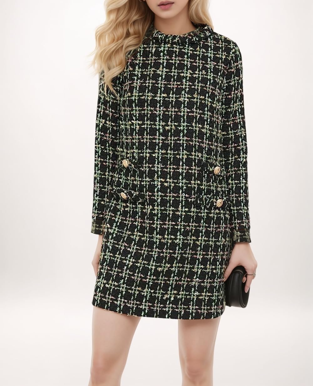 LifeShe Women's Long Sleeve Tweed Mini Dress Business Work Short Dress Elegant Cute Party Dresses Dark Green - Image 4