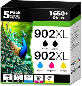 （5-Pack 902XL Ink Cartridges Combo Pack Compatible for HP 902 XL Ink Cartridges Work with HP Officejet Pro 6978 6960 6962 6968 6954 6958 6950 6951 6970 Printers (Black, Cyan, Magenta, Yellow）