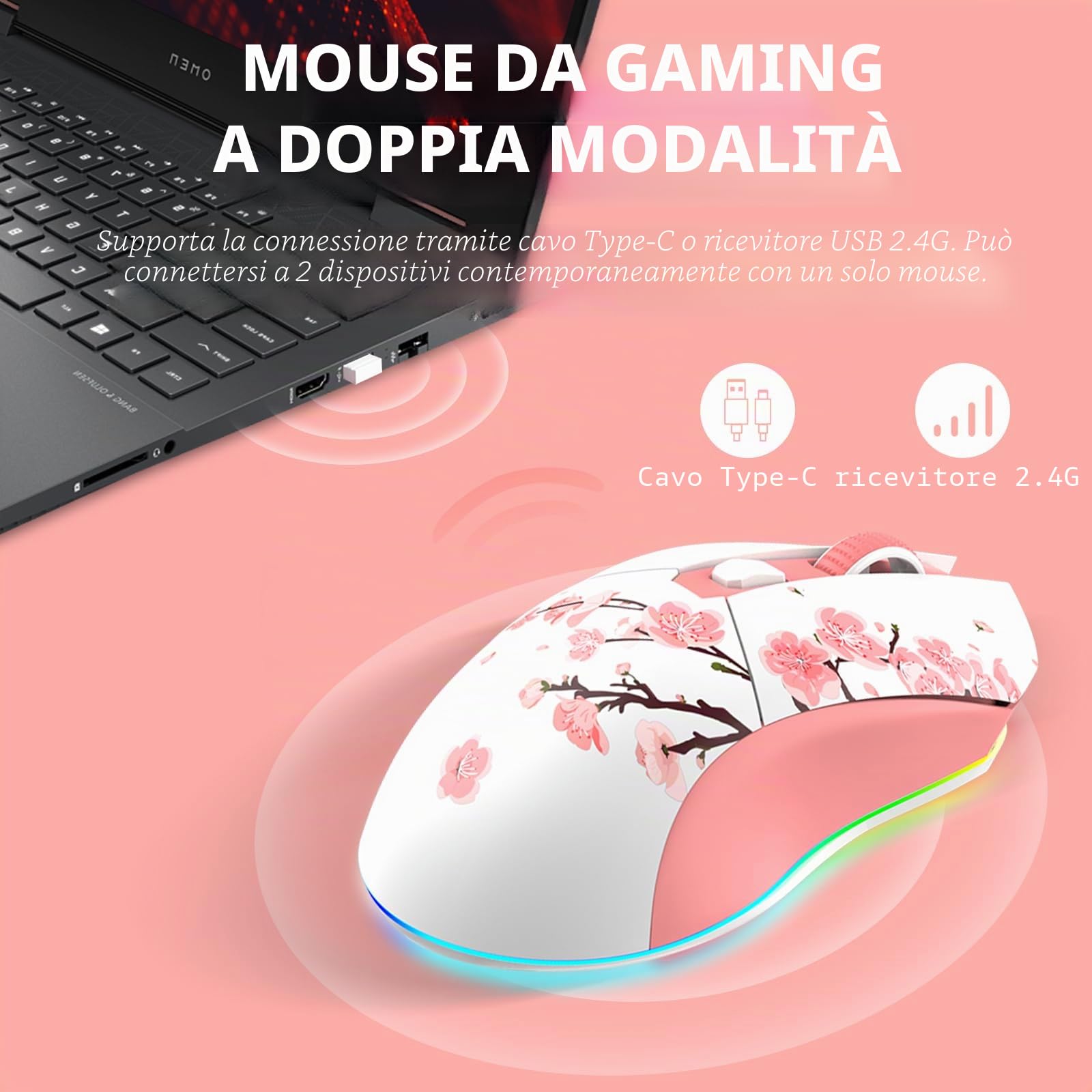 DAREU Sakura Rosa Mouse Gaming Pink con dock di ricarica ricaricabile RGB, 12 K DPI, 7 pulsanti programmabili, sensore ad alta precisione [300IPS] [1000Hz] per PC Notebook Mac