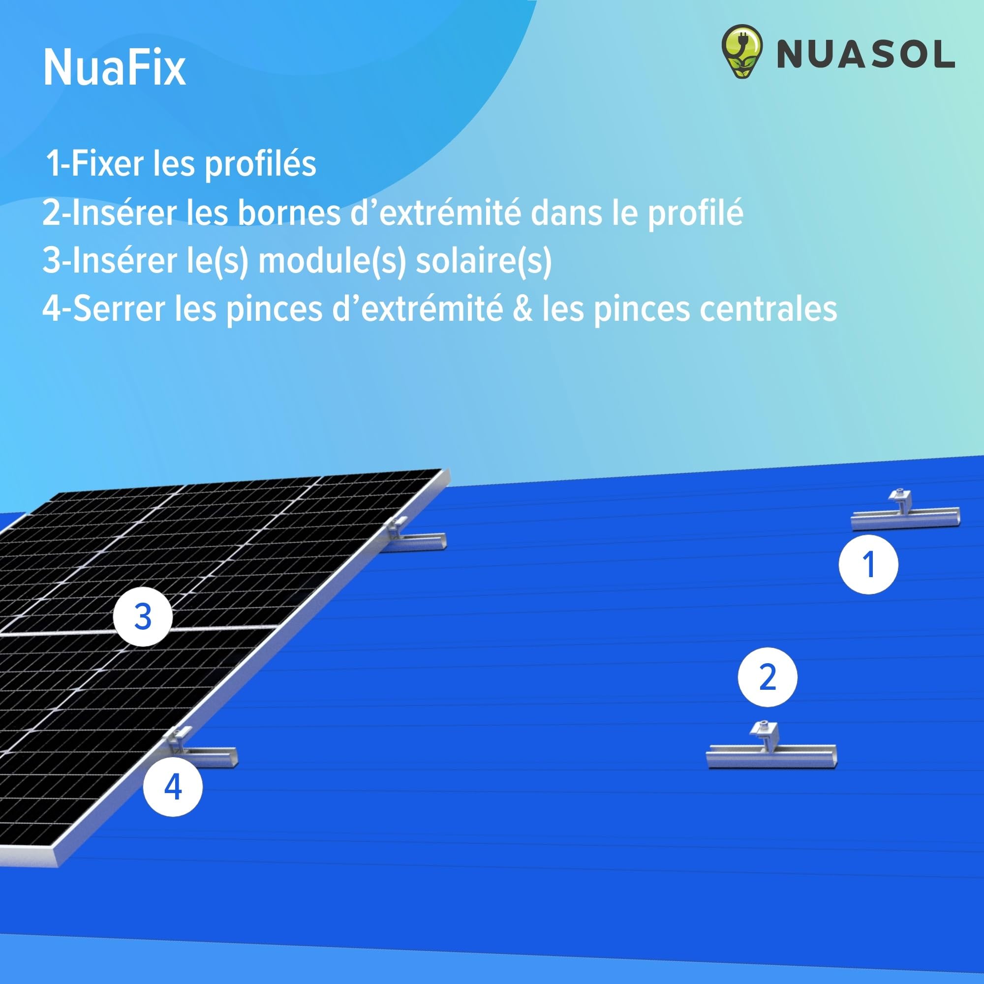 Kit de montage photovoltaïque pour toit en tôle trapézoïdale | Fixation pour 2 modules | Profil en U 20 cm | Support de panneau solaire avec pince d'extrémité, pince centrale et vis pour