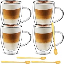 Set of 4 Cappuccino Glass Mugs,Double Wall Insulated Coffee Mugs,Clear Glass Mugs with Handle,Glass Coffee Cups,Perfect for Latte, Americano, Espresso,Cappuccinos,Tea, Beverage(350ml /11.84oz)