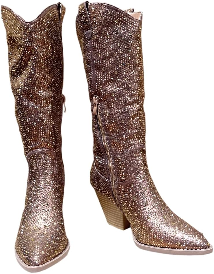 ABSOLEX Women Western Cowgirl Cowboy Pointed Toe Rhinestone Knee High Boots - 第 64/64 張圖片