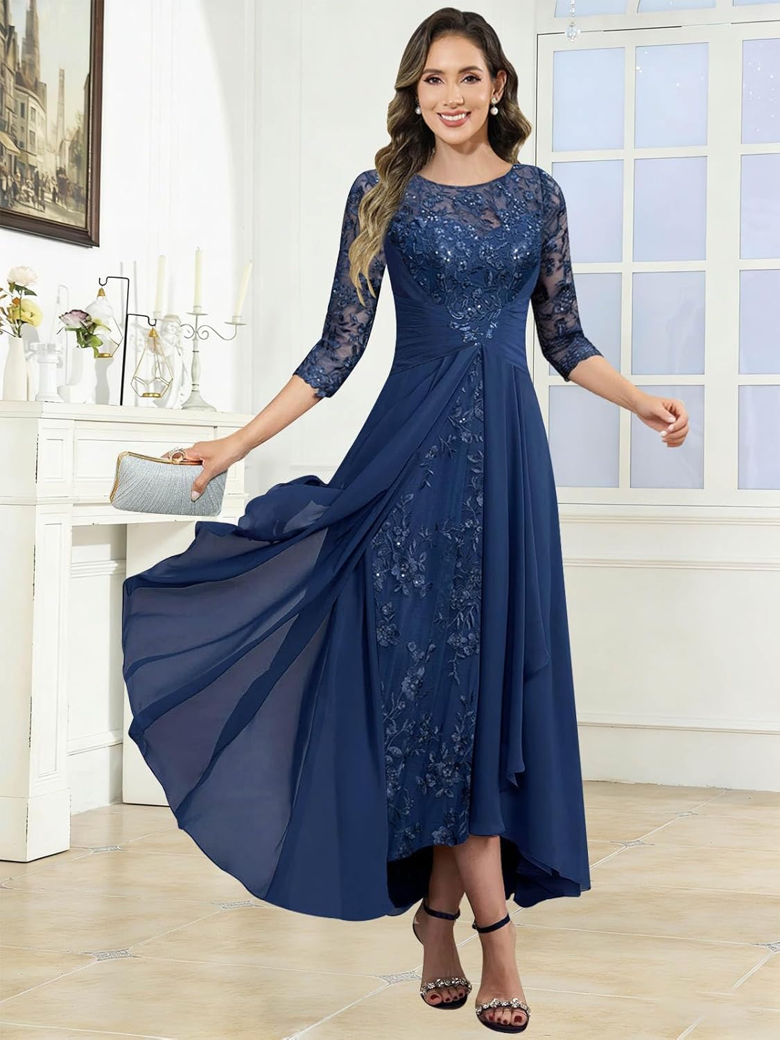 Tea Length Chiffon Mother of The Bride Dresses Lace Appliques A Line Ruffle Wedding Guest Dress with Sleeves - Image 2