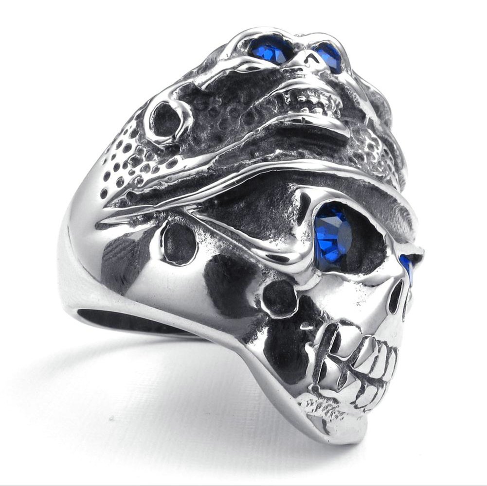 Anillo de acero inoxidable para hombre, banda de calavera tribal gótica, azul plateado, Acero inoxidable, plata 2