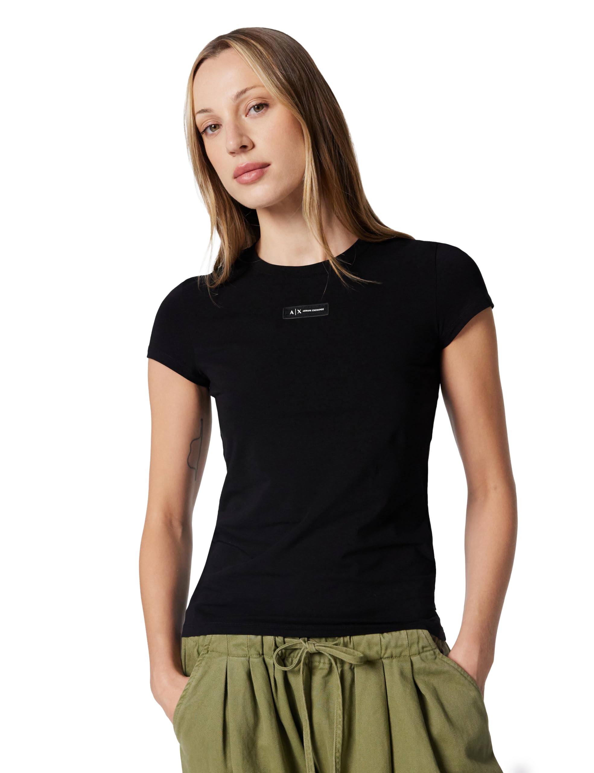 Armani Exchange Camiseta de Manga Corta para Mujer, con Logotipo Frontal, Negro, S