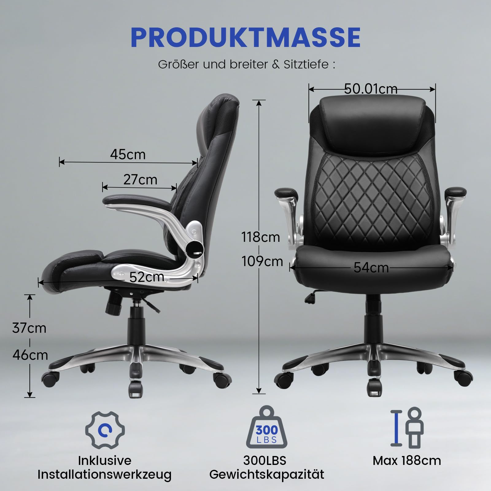 COMHOMA Bürostuhl Ergonomisch, Schreibtischstuhl mit klappbaren Armlehnenmit und Hoher Rückenlehne, Wippfunktion, Chefsessel Höhenverstellbarer，Kratzfeste Leder (Schwarz)