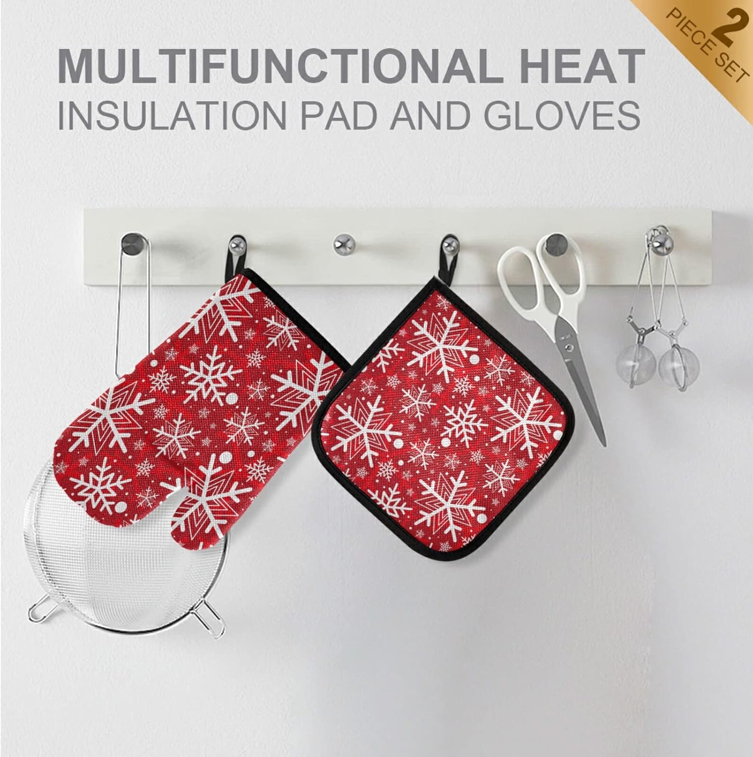 Christmas Snowflakes Oven Mitts and Pot Holders Set Red Hot Winter Snow Hot Pads & Heat Resistant Gloves Oven Mitten for Seasonal Holiday Decor Kitchen Cooking BBQ Baking Bakeware - Image 3