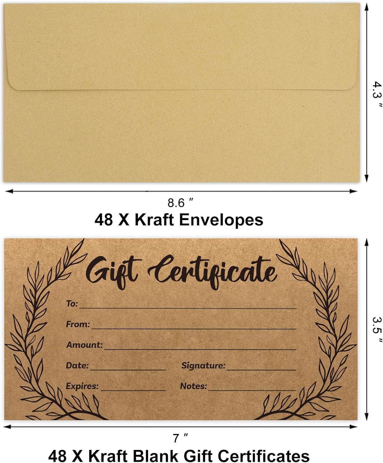 48 Pcs Blank Gift Certificates Kraft Certificate Cards with 48 Pcs Envelopes for Business Salon Restaurants Spa Christmas Birthday, 3.5 x 7 - Image 2