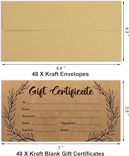 Miniatura 2 de 48 tarjetas de certificado de papel kraft en blanco con 48 sobres para salones de negocios, restaurantes, spa, Navidad, cumpleaños, 3.5 x 7 pulgadas